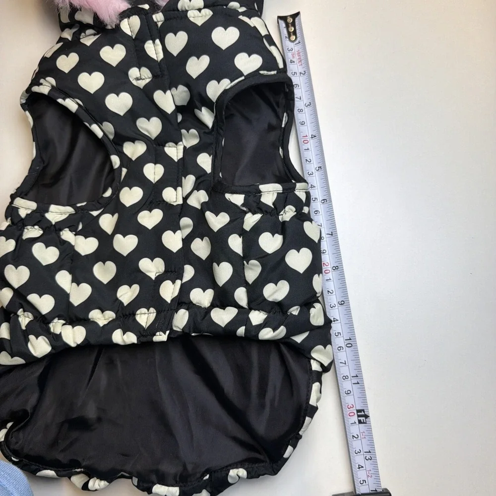 Dog Puffer Hoodie Jacket Winter Coat Outdoor Black White Hearts Pink Trim Bow Sm